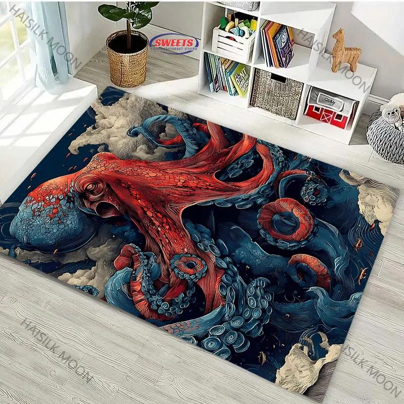 Japanese Octopus Painting Area Rug Non Slip Carpet for Bedroom Living Room Office Unique Floor Mat Home Decor