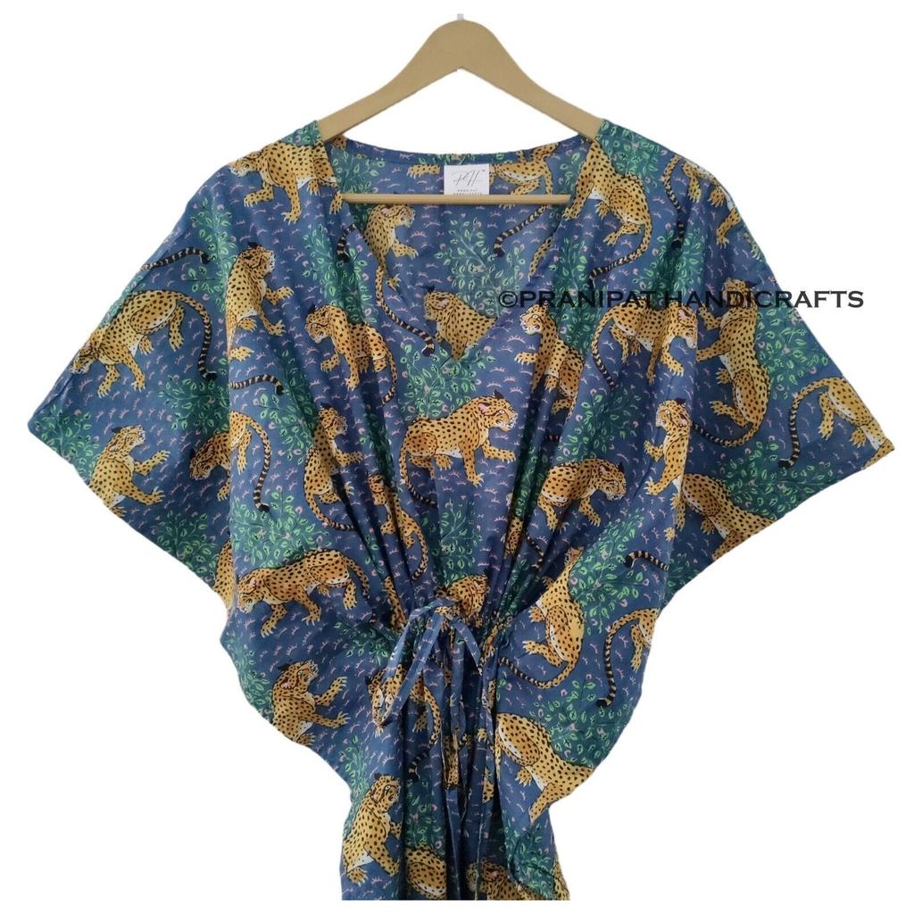 Blaues Bagheera-Kaftan-Kleid mit Tiger-Print für Damen, Hippie-Baumwolle, Maxi-Strandüberzug, CKFTN-SCRN-FULL-BUYIT-150