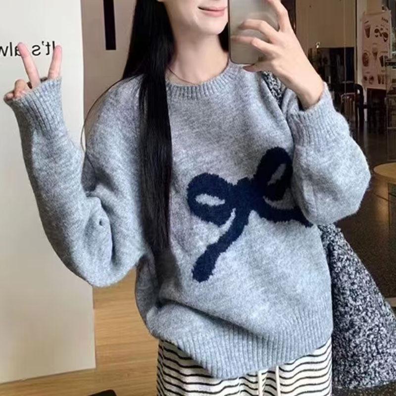 Lazy Style Merade Bow Round Neck Long Sleeve Women's Sweater - Soft & Fluffy Japanese Style Wool Cardigan for Autumn/Winter