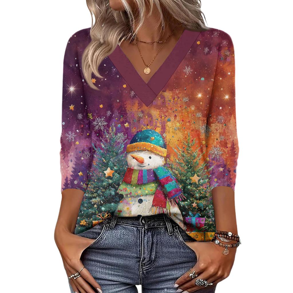 Women's Loose Comfortable Casual Fashion V-Neck Christmas Print 3/4 Sleeve Top