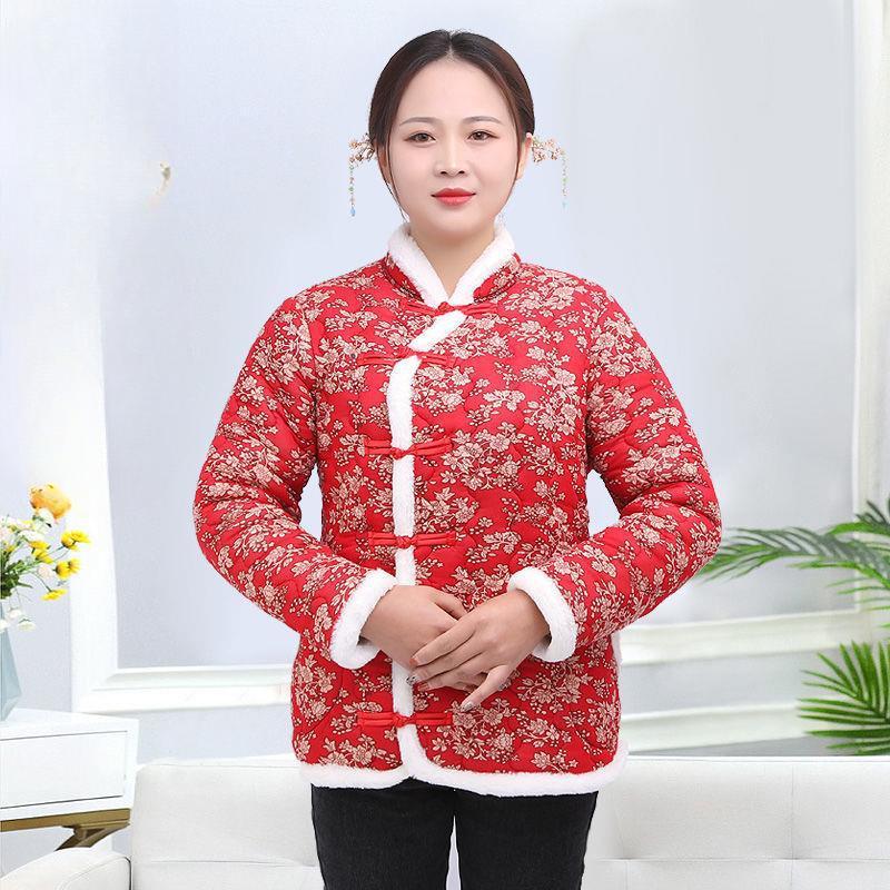 Women's Clothing Fleece-Lined and Thickened   Northeast Large Flower Padded Jacket Cotton Coat  Web Red Jacket
