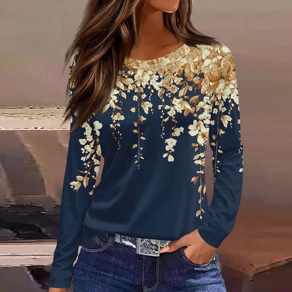 Women's Fashion Casual Slit Hem Round Neck Long Sleeve Loose Printed T-Shirt Ladies Top Christmas