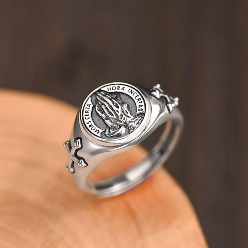 S925 Silver Men s Prayer Hands Open Ring Vintage Trendy Stylish Band adjustable open design