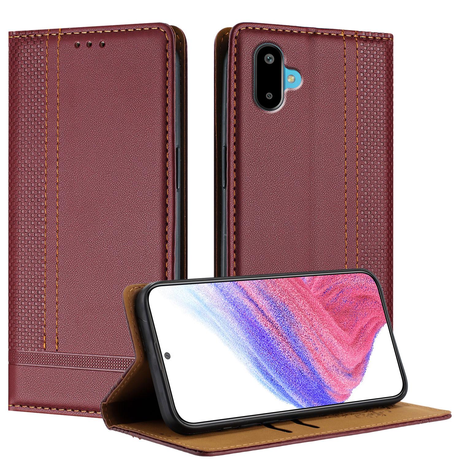 

For Samsung Galaxy M06 5G/Galaxy F06 5G Case L-Shaped Grid Pattern Leather Stand Phone Cover with Card Slots Wine Red