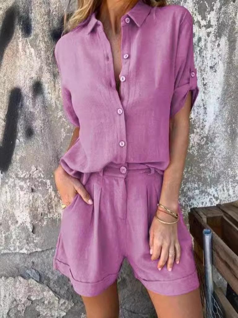 Summer New Cotton Linen Short Sleeve Shorts Set for Women