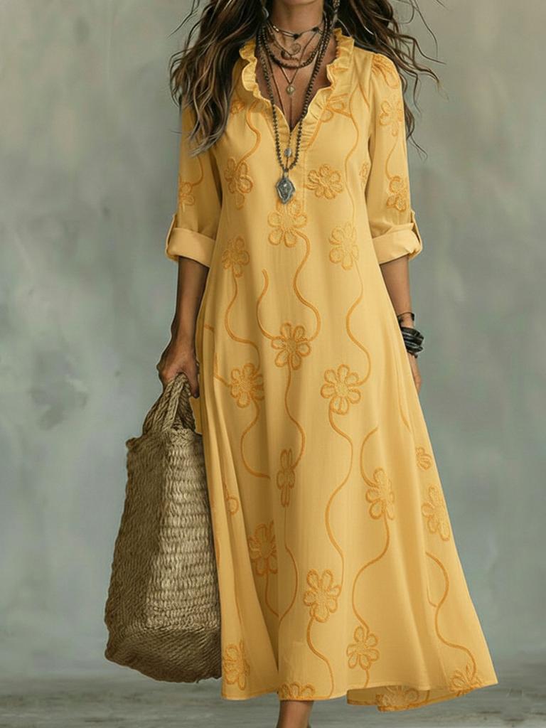 Summer Fashion Floral Lace Cotton Linen Printed Long Dress