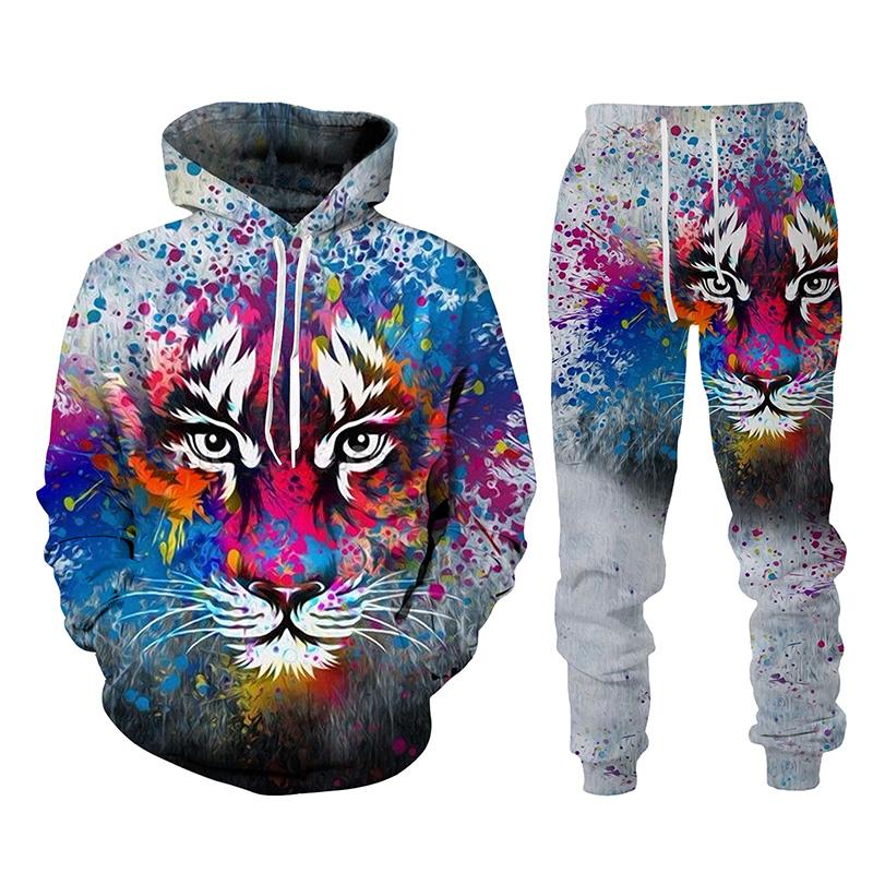 Tier Tiger 3D-gedrucktes Herren-Trainingsanzug-Set Lässiger Hoodie und Hose 2-teilige Sets Herbst Winter Mode Streetwear Herrenbekleidung Anzug