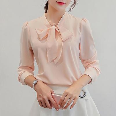 Sommer Herbst Frauen Rosa Weiß Chiffon Bluse Mode Koreanischen Stil Fliege Kragen Damen Hemd Büro Casual Langarm Basis Top