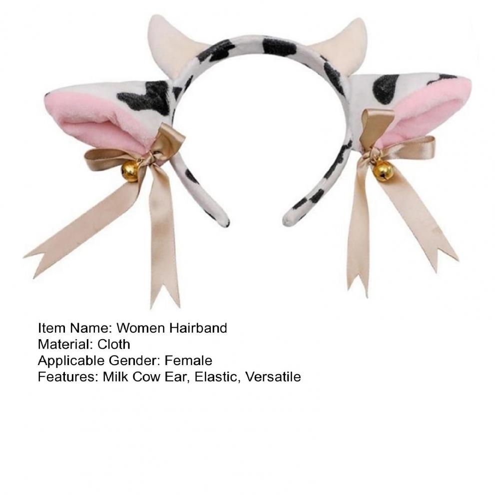 Women Hairband Milk Cow Ear Headband with Bowknot Ribbon Bell Decor Bendable Handmade Lightweight Headgear Costume Accessory