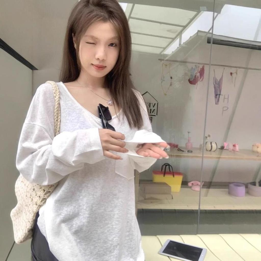 Elegant Sheer White U-Neck Long Sleeve Top - Women's Spring/Fall Loose Fit Cover-Up