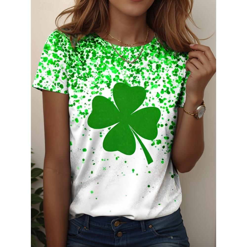 Women's T-shirt Green Lucky Clover 3D Print Crew Neck Outdoor Festival Short Sleeve T Shirts Women  ...