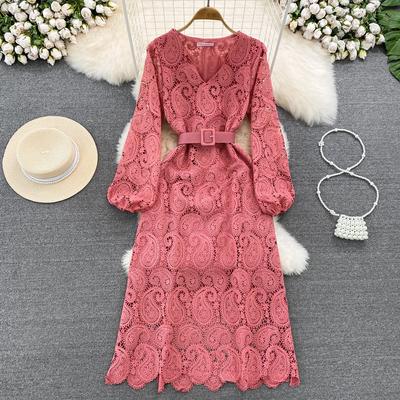 Spring Autumn Red/Yellow/Purple/Blue Hollow Out Embroidered Long Dress Women Vintage Lace Puff Sleeve Party Maxi Vestidos