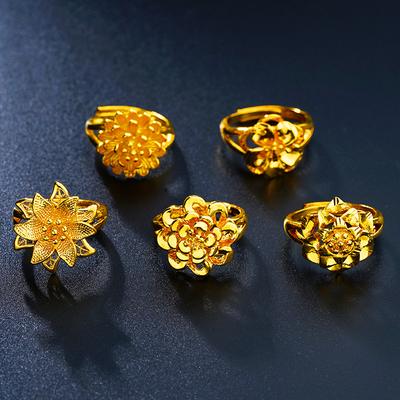 Vietnamese Gold-plated Rings for Women That Do Not Fade, Imitation Gold Floral Designs, Exaggerated Style for Wedding Brides, Fake Gold Jewelry