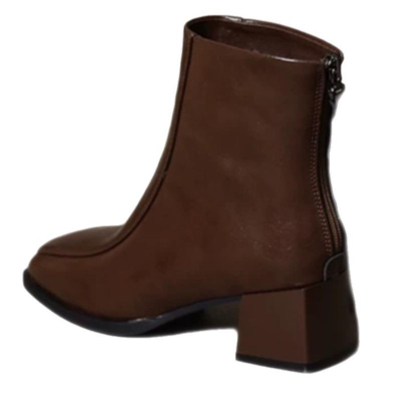 Soft Leather Boots Women's New Autumn and Winter Round Head Thin Boots Square Heel Soft Leather Boots Fashion Boots Women
