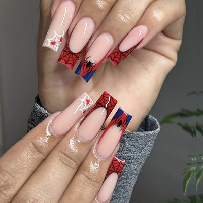 24PCS Ballet-Shape Long Fake Nails Set - Glossy Pink with Red Spider & Heart Design, Holiday-Themed Press-On Manicure Tips