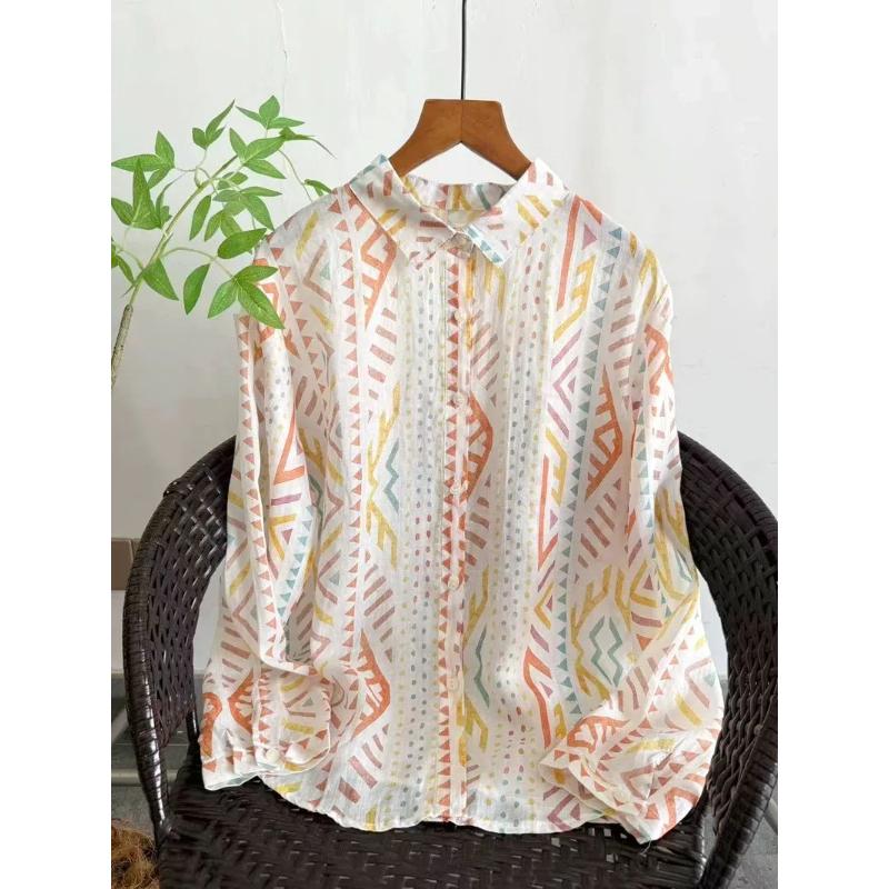 

Womens Watercolor Geometric Print Button-Down Shirt S бежевый