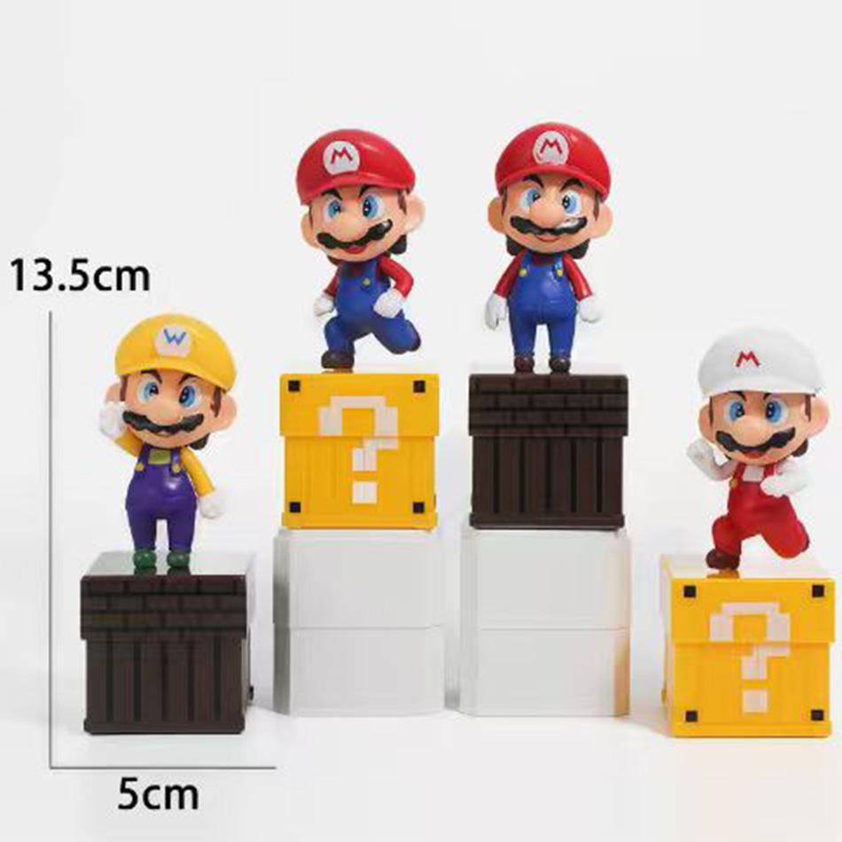 4Pcs/Set Super Mario Bros Figure Mario Wario Pvc Action Dolls With Question Block Bricks For Kids Fans Gift