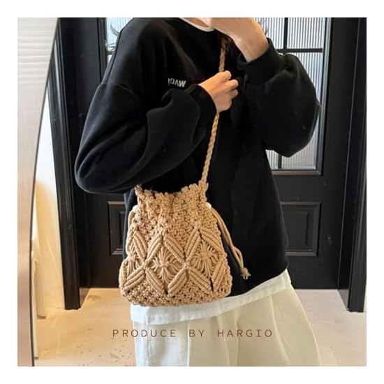 [Halzio] Straw Bag Shoulder Drawstring Bag Women's Basket Bag Yukata Straw Woven Crossbody Small Min