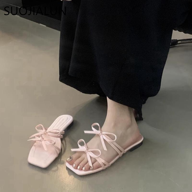Fashion SUOJIALUN 2025 Summer New Brand Women Slipper Fashion Bow-knot Square Toe Slip On Ladies Slides Shoes Flat Heel Beach Sandal Sho