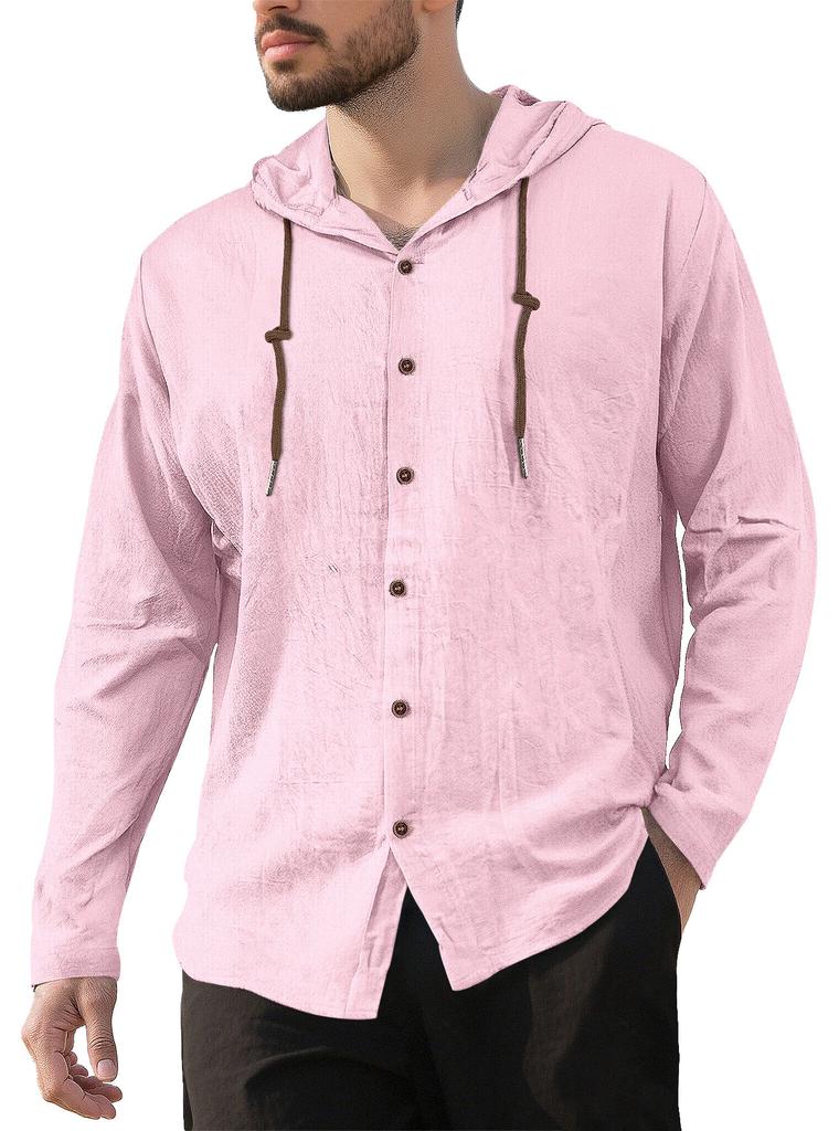 Men's 100% Cotton Hooded Drawstring Shirt, Solid Color Loose Fit Long Sleeve Casual Beach Overshirt for Men