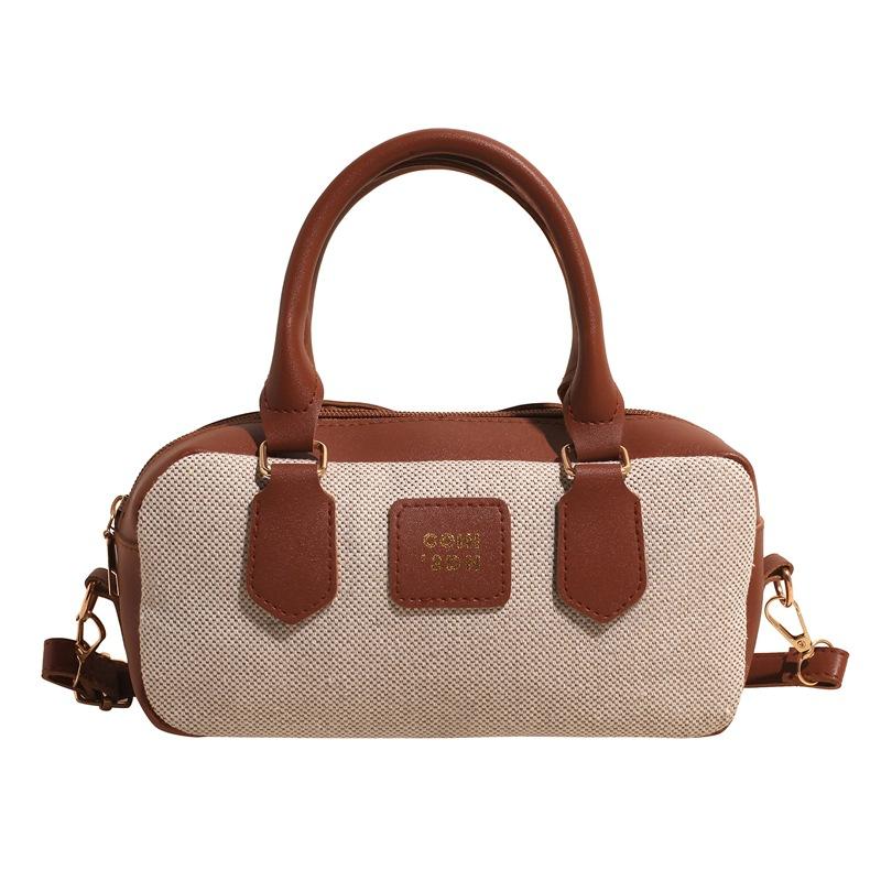 

Niche contrasting color bowling bag women s 2025 new high-end canvas handbag retro shoulder messenger bag коричневий