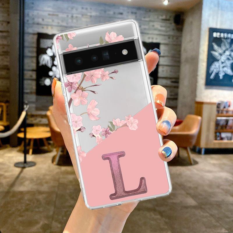 Pink Letter Flower Phone Case For Google Pixel 9 Pro XL 8 7 6 Pro 8A 7A 6A 5 4 5A 4A 3A XL 5G Shockproof Soft TPU Clear Cover