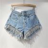 European Station 2023 Spring and Summer New Ripped High Waist Rhinestone Fringed Chain Slim and Thin Straight Denim Shorts Women