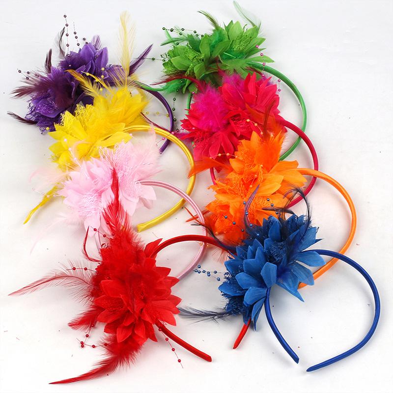 1PC Flower Headpiece Glam Cocktail Tea Party Hair Accessories Feather Headband 10 Colors Feather Fascinators for Women & Girls