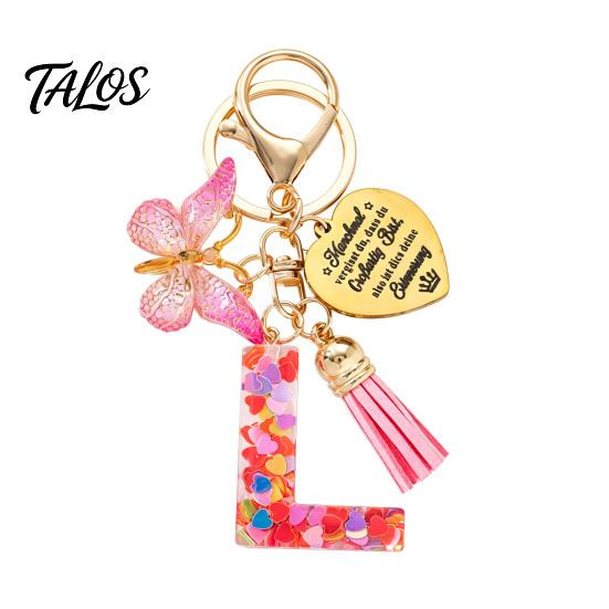 Talos Keychain Pendant, Sequins Initial Letter Charm Key Chain with Butterfly Tassel Stainless Steel Heart Design, A-Z Holder for Bag Purse Backpack