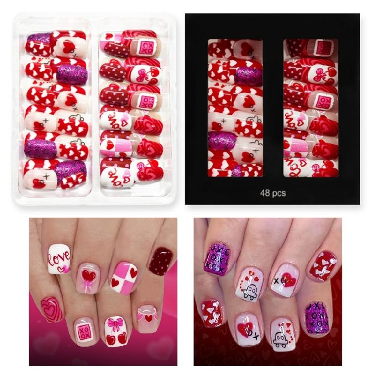 

48Pcs ABS Press On Nail Pink Heart Cherries Glitters Romantics Design Quick for Busy Women Lifestyle 1