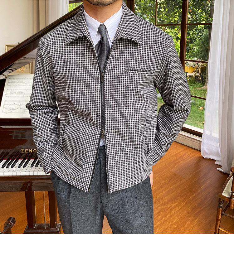 Men's Retro Houndstooth Zipper Jacket - Autumn/Winter Casual Waist-Cinching Lapel Design