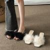 High Heels Women's 2025 Summer New French Fluffy Slippers Transparent Crystal Shoes Thick Heel Square Head Word with Sandals