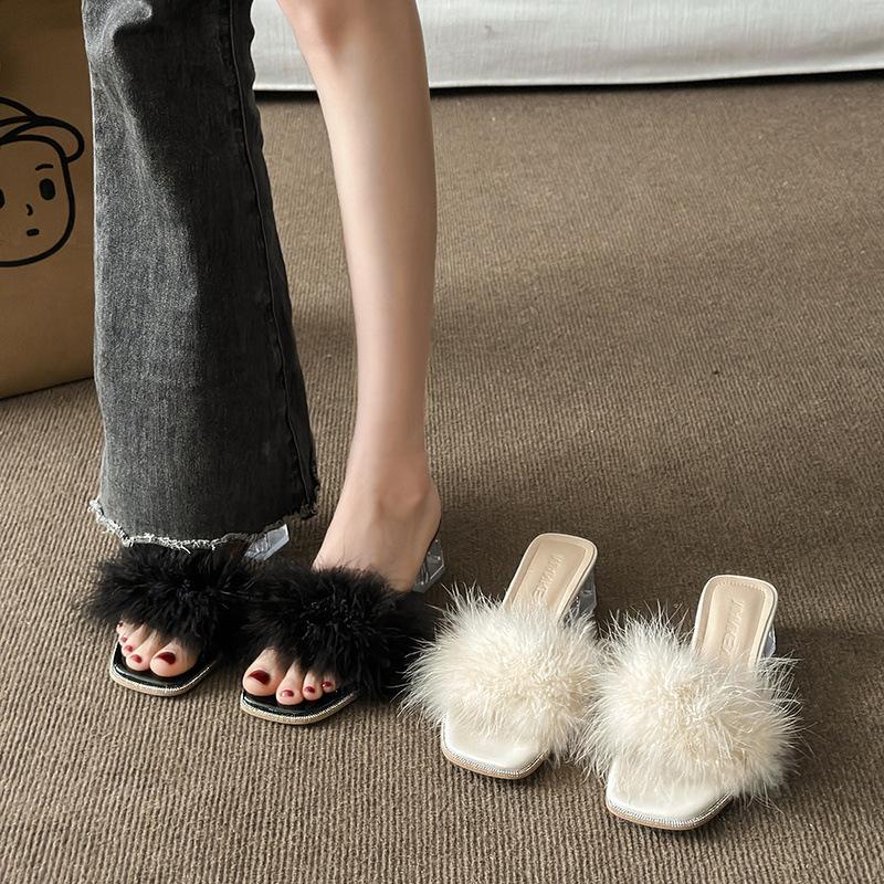 High Heels Women's 2025 Summer New French Fluffy Slippers Transparent Crystal Shoes Thick Heel Square Head Word with Sandals