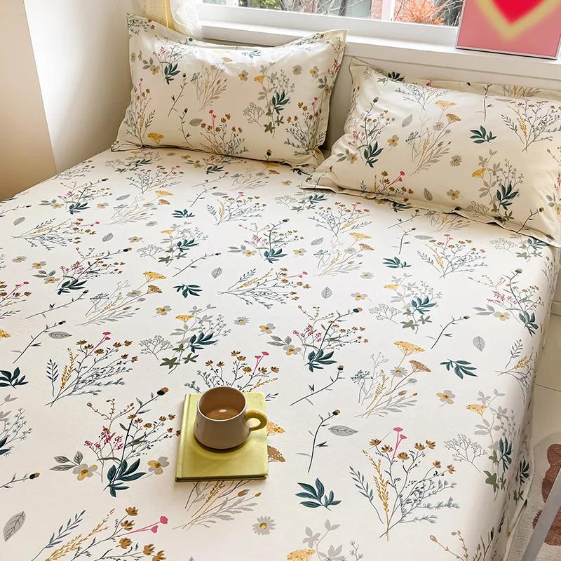 Botanical Floral Flat Sheet Twin Queen Garden Flower Bed Sheet Set Soft Cotton Pastoral Wildflowers Bed Cover with 2 Pillowcases