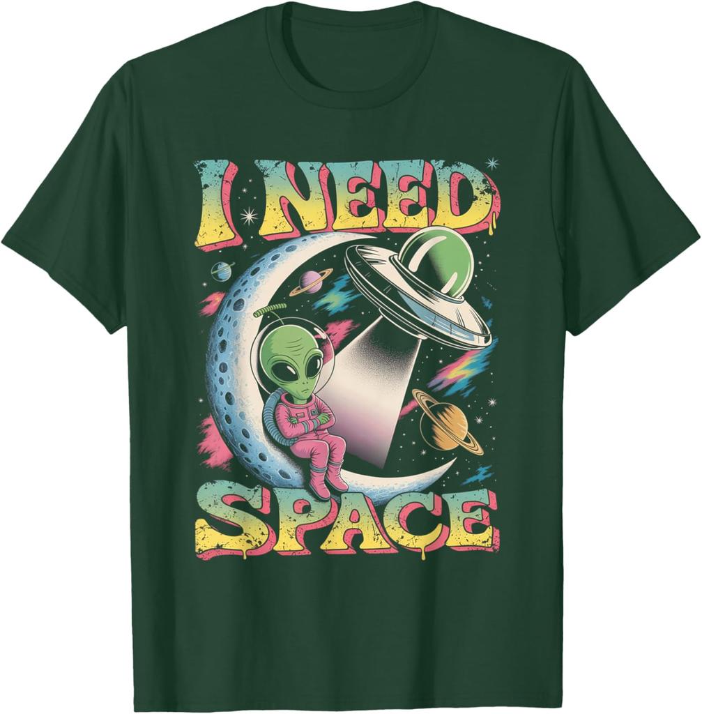 Alien Ich brauche Platz Retro Mond Sitzendes UFO Grafik T-Shirt Baumwolle Lässig Reise T-Shirt