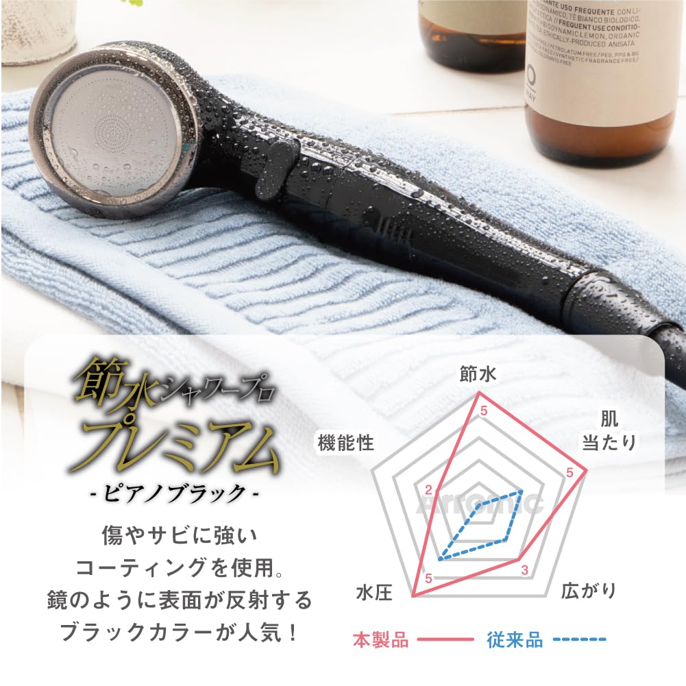 Arromic Shower High Water Adjustable Water Stop Piano Made in Head, Water-Saving, Pressure, Volume, Button, Black, Japan, ST-C3BA2