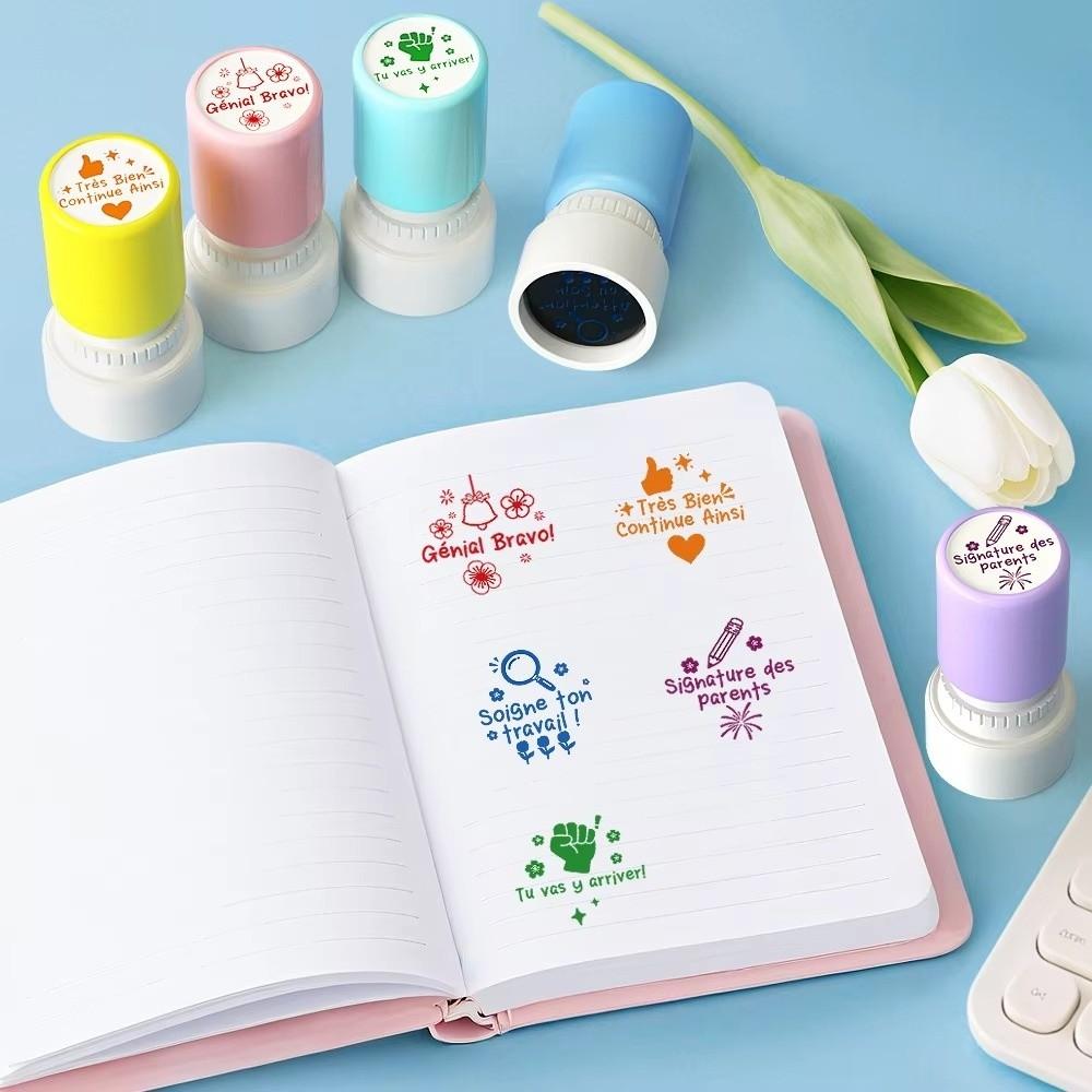 5 Stück/Set Französischlehrer Stempel Rund Selbstfärbend Emotionale Ausdrucksstempel Lob Hausaufgaben Korrektur Schreibwaren