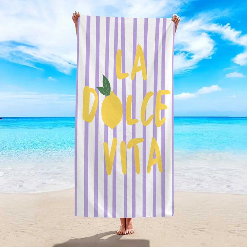 1pc striped lemon "La Dolce Vita" printed beach towel, a multifunctional beach towel suitable for camping, vacation and swimming