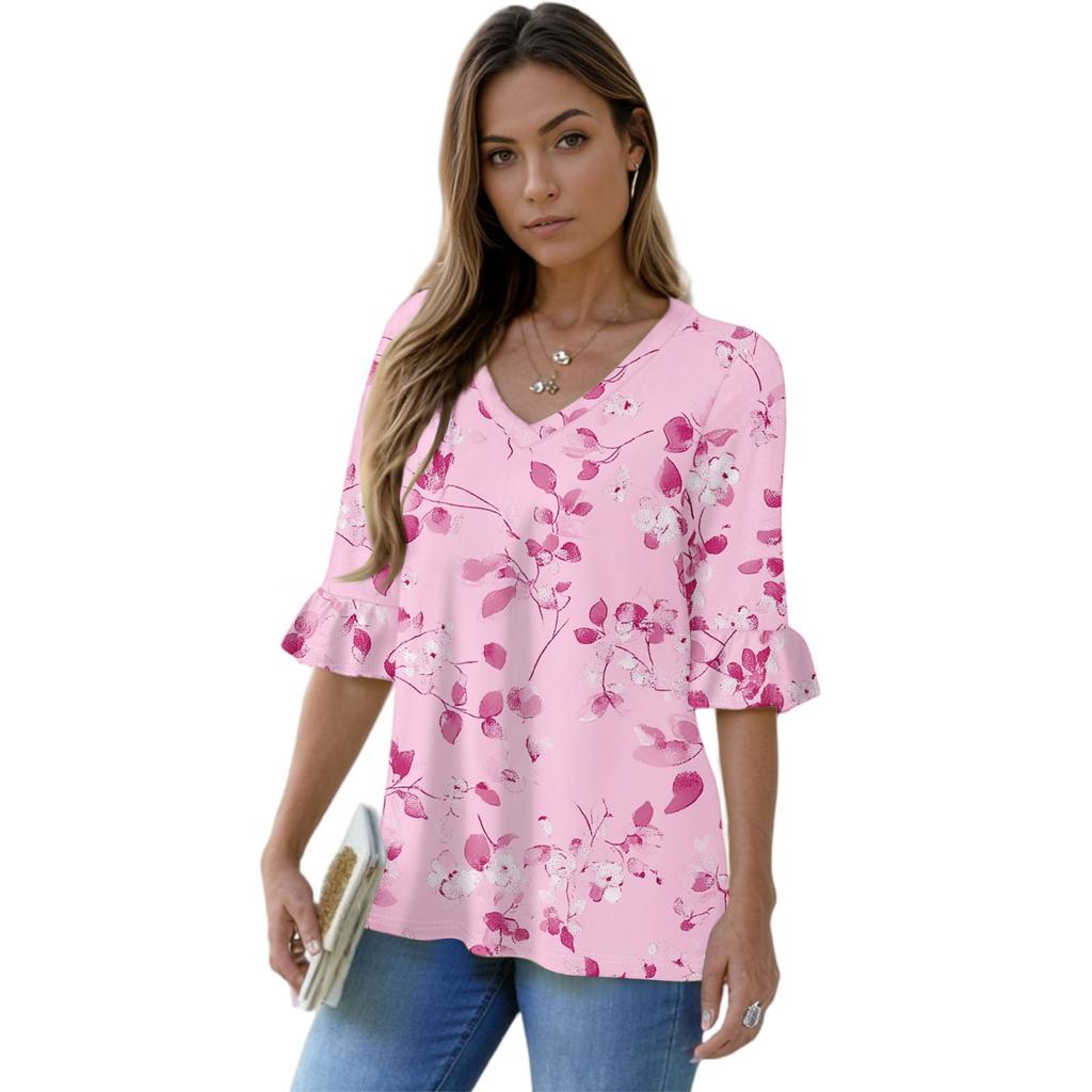 Women's Casual 3/4 Sleeve Tops V-Neck Sleeve T-Shirt Floral Print Tops
