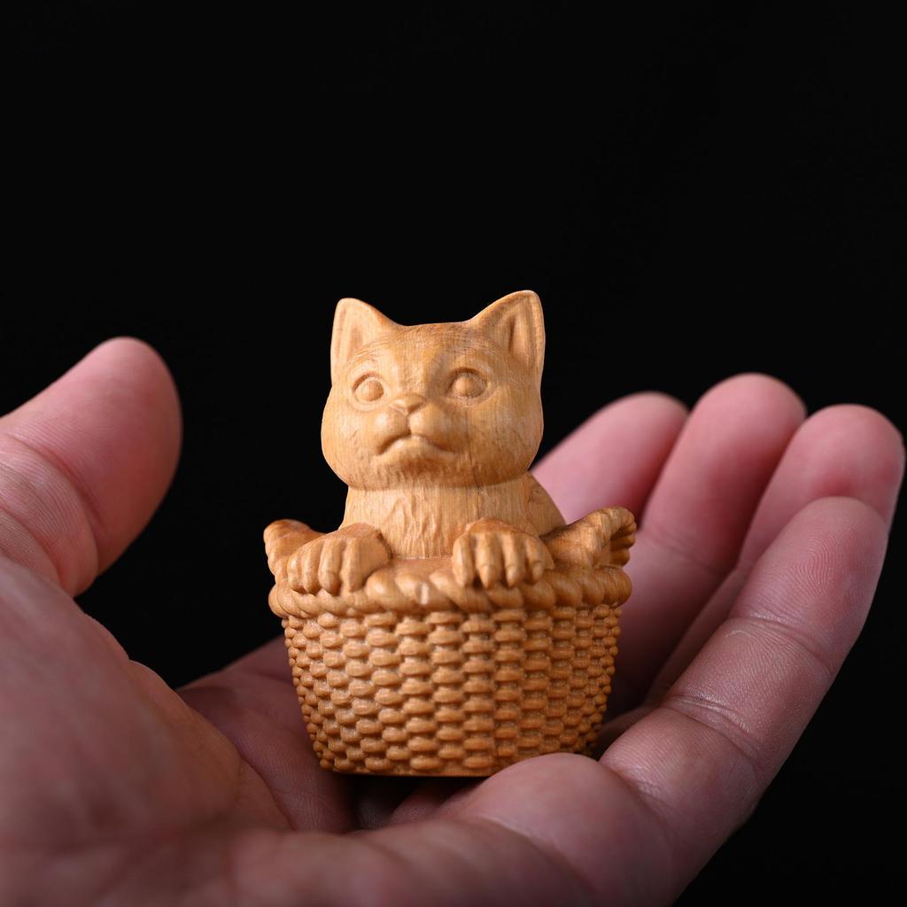 Solid Wood Carving Bamboo Basket Cat Figurine,Mini Cute Wooden Cat Animal Statue,For Room Office Home Decor,Kids Event Souvenirs