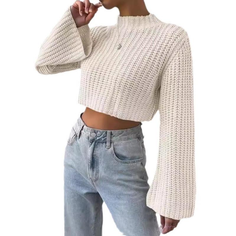 Autumn and Winter New European and American Solid Color Versatile High Waist Short Style Trumpet Sleeve Half High Collar Pullover Sweater for Women