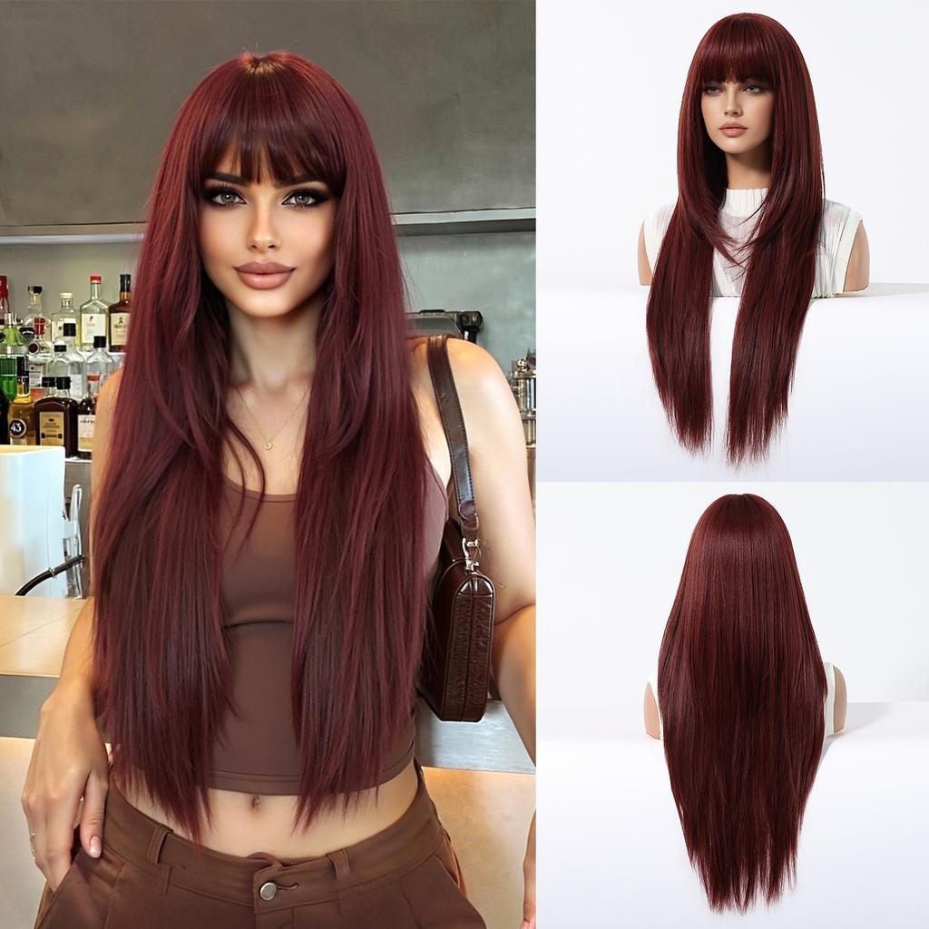 LOUIS FERRE Synthetic Fiber Wig For Women Long Straight Silky Daily Elegant Wigs Black Brown Fake Hair With Bangs High Resistant