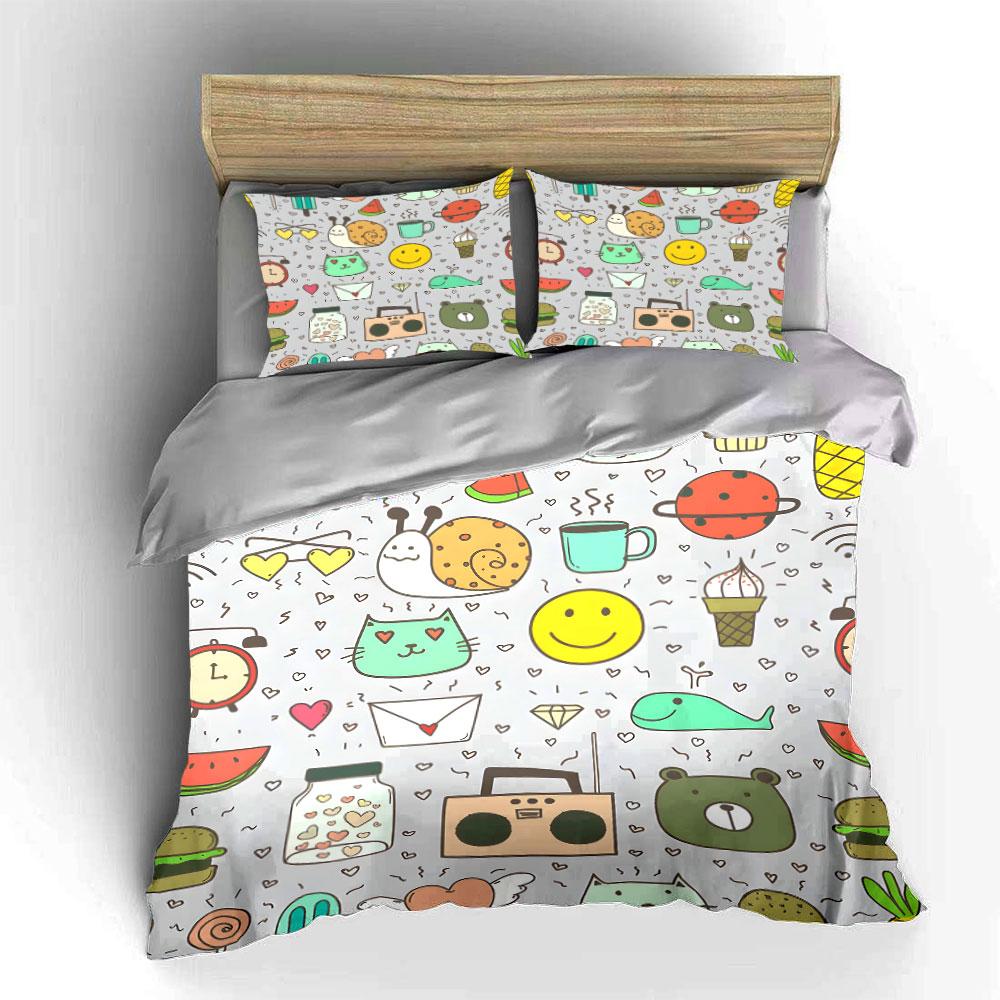 Cute Doodle Icons Pattern Bedding Duvet Cover Set (1*Duvet Cover 2*Pillowcases, without duvet insert)