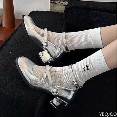 Ladies' Elegant 2025 Spring Style Women's Fashion One Line Buckle with Shallow Mouth Silver Mary Jane Single Shoes Square Heels