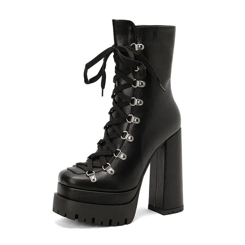 Modern Western Mature Punk Goth Female Winter Super Block High Heeled Shoes Square Toe Lace-up Platform Heels Boots