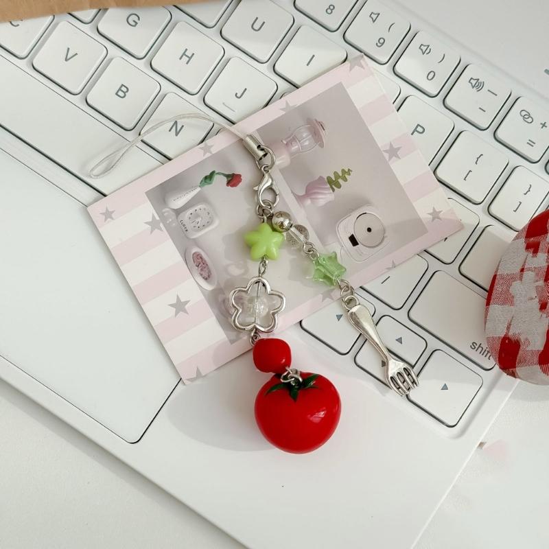 Unique Resin Tomato Keychain Fork Theme Phone Chain Keyring Decorative Piece For Everyday Carry Present