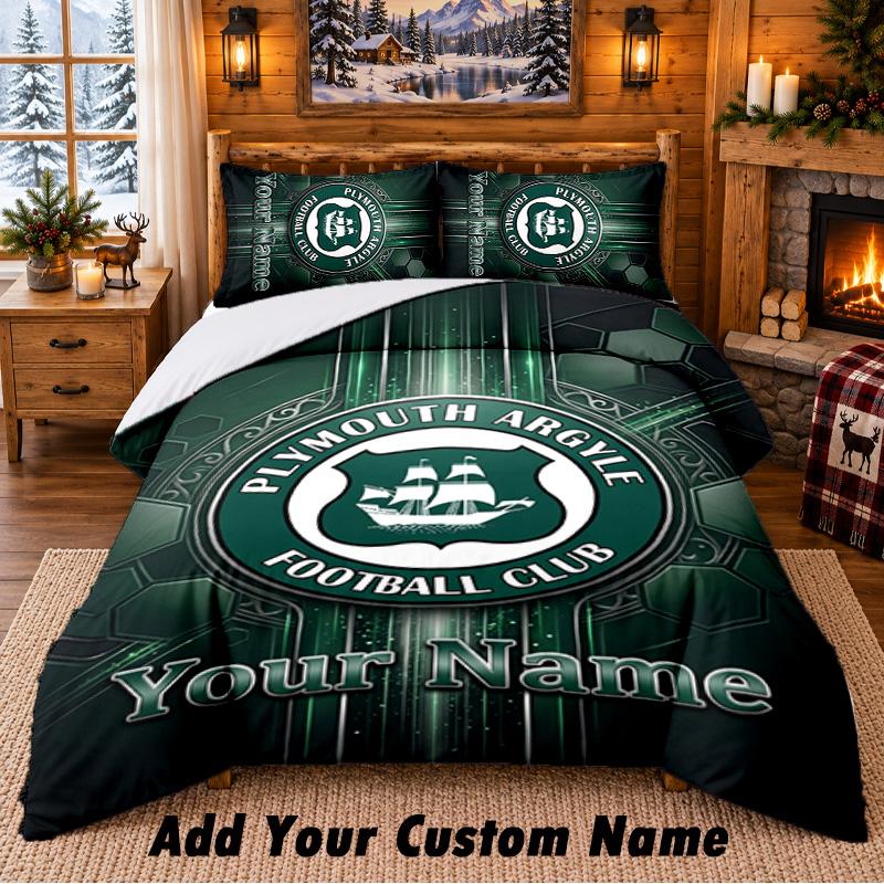 Plymouth Argyle FC Pattern Bedding 3Pcs Set Custom Name, Bed Sheet And Pillowcases For Home Bedroom