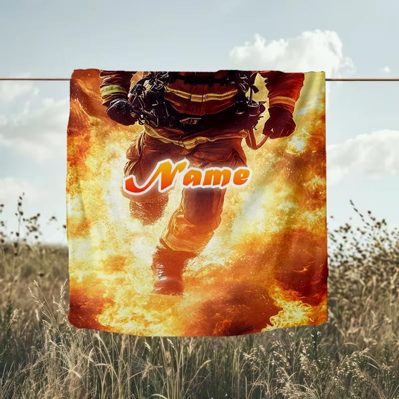 1PC Custom Name Firefighter Bravery Flames Outdooor Flannel Blankets Throw Blanket All-Season Throw Gift Bedspread for Couch, Bed, Camping Holiday Bir