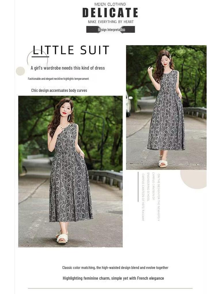 New Summer Floral Cotton-Silk Sleeveless Dress - Plus Size, Loose Fit, Slimming, Vacation Style Mom’s Long Dress