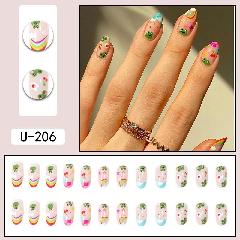 Cute Cartoon Frog Nail Art Tips Kids Girls - Rainbow Design Press-On Nails With Glue Or Gel Adhesive